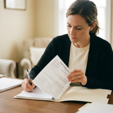 Therapist reviewing the golden thread in therapy notes with clinical documentation on desk