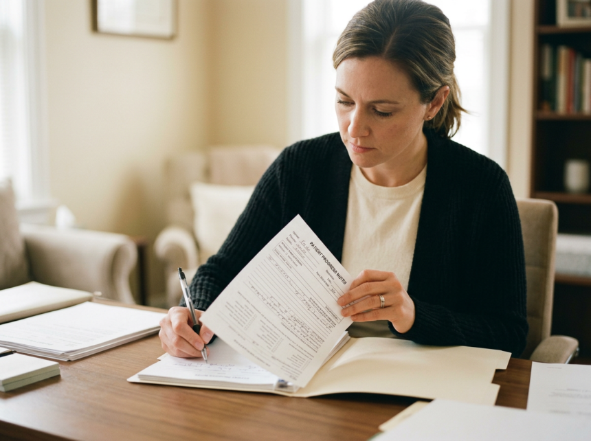 Therapist reviewing the golden thread in therapy notes with clinical documentation on desk