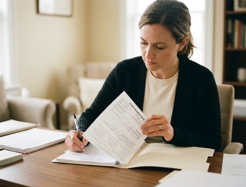 female_writing Therapist reviewing the golden thread in therapy notes with clinical documentation on desk