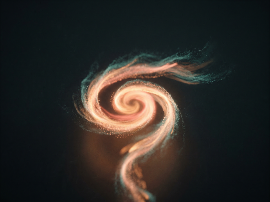 Soft spiral of warm amber and teal light rising from a dark background, representing the upward spiral of small positive changes in depression recovery.