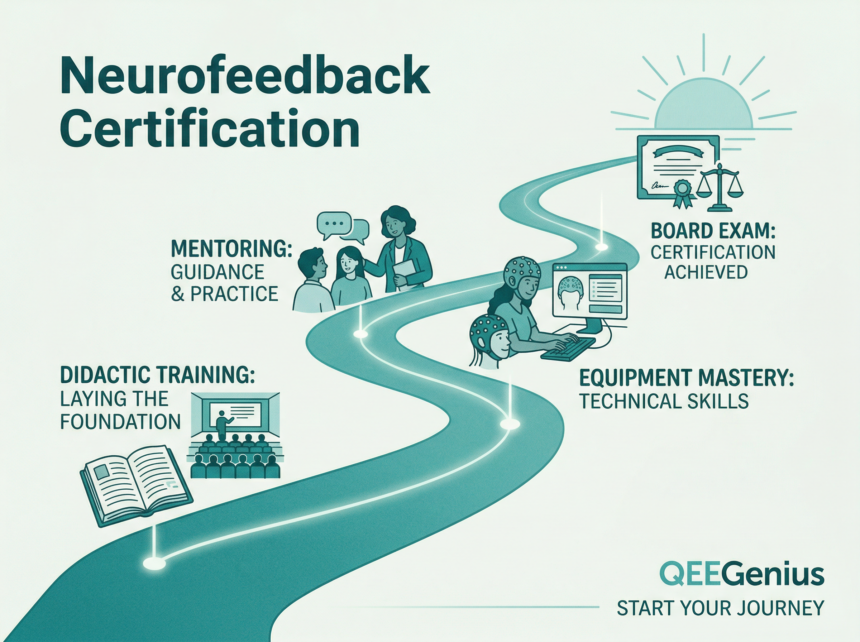 Neurofeedback certification pathway showing milestones from didactic training through mentoring to board exam for BCIA and IQCB certification