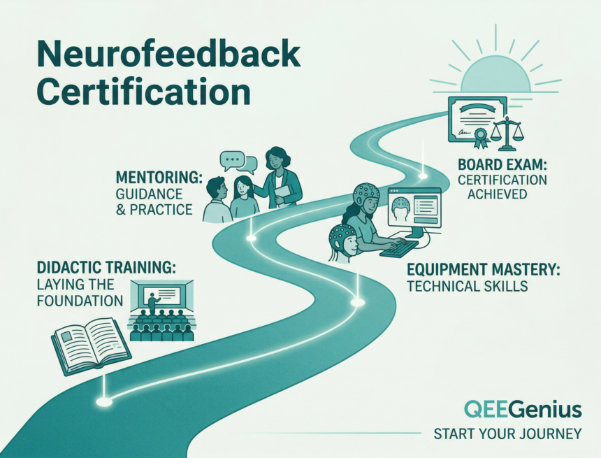 Neurofeedback certification pathway showing milestones from didactic training through mentoring to board exam for BCIA and IQCB certification