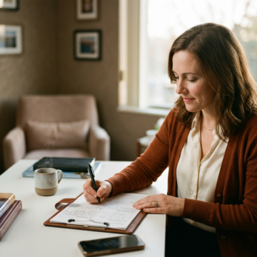Therapist writing audit-ready SOAP notes at a clinical desk