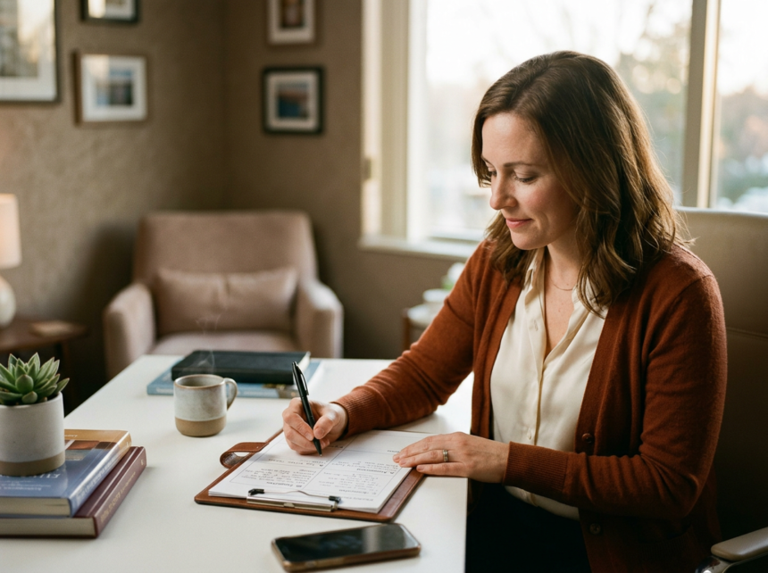 Therapist writing audit-ready SOAP notes at a clinical desk