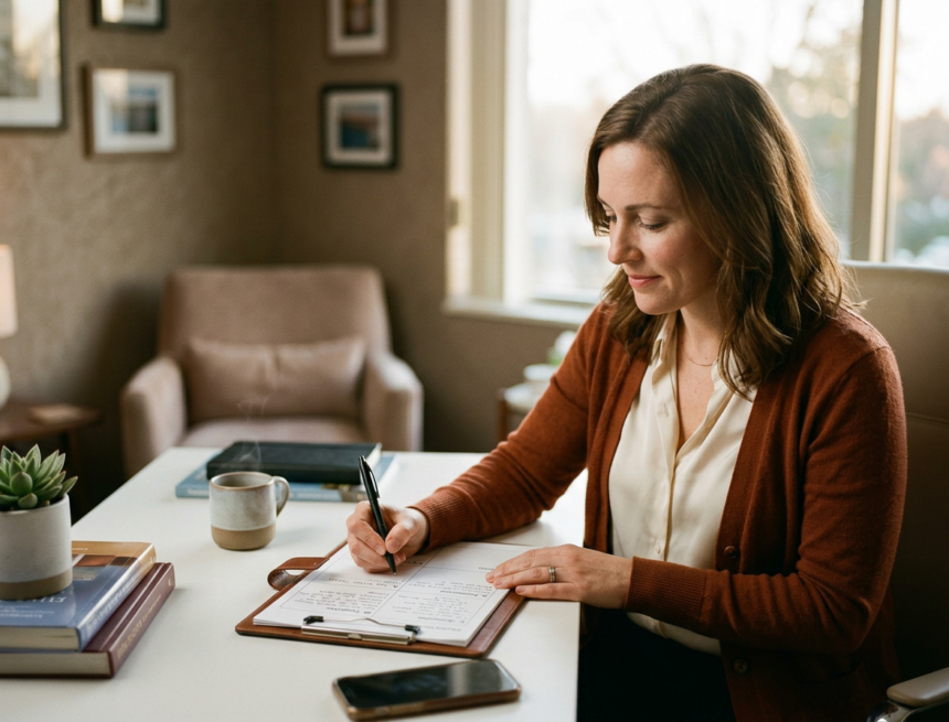 freepik__closeup-or-medium-shot-of-a-therapist-at-a-clinica__32253 Therapist writing audit-ready SOAP notes at a clinical desk