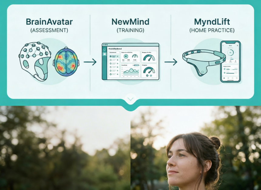 freepik__threecolumn-comparison-layout-showing-simplified-i__52951 Neurofeedback equipment comparison showing BrainAvatar for QEEG assessment, NewMind for clinical training, and MyndLift for home neurofeedback in a connected practice workflow