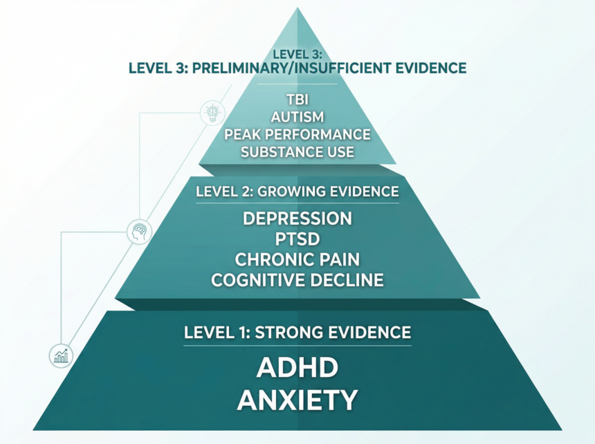 Evidence pyramid showing neurofeedback research support levels from strong (ADHD, anxiety) through growing (depression, PTSD, cognitive decline, pain) to preliminary conditions