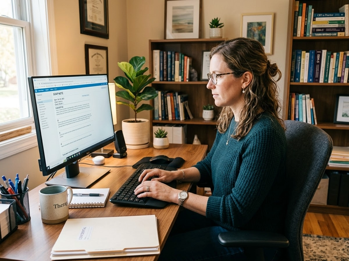 image (2) Therapist writing medical necessity in therapy notes at a desk