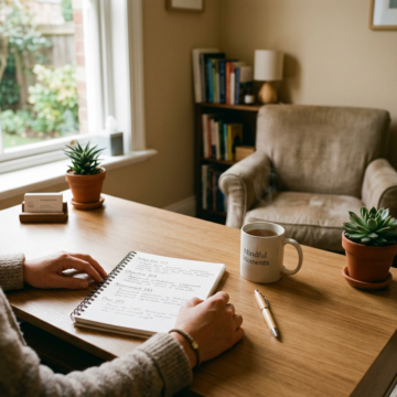 Therapist writing efficient therapy documentation at a clinical desk with a structured template