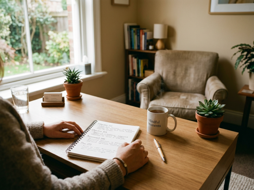 Therapist writing efficient therapy documentation at a clinical desk with a structured template