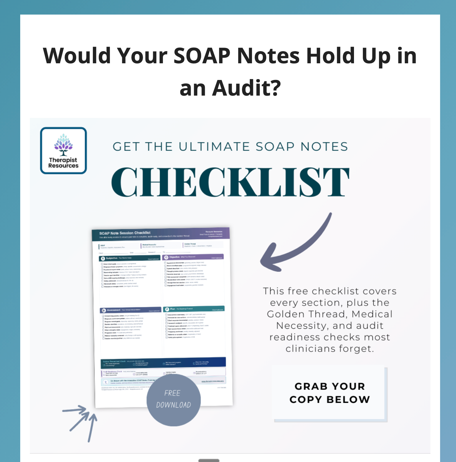 SOAP Notes Session Checklist - free download from Therapist Resources