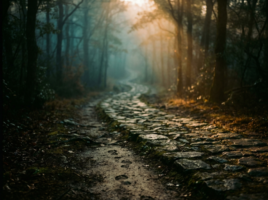 A winding path with footprints representing small acts of courage stretching into the distance" excerpt: "Tolkien wrote 'little by little, one travels far.