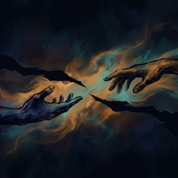 Two hands reaching across a gap in warm light representing making others lives better through connection