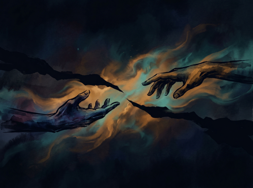 Two hands reaching across a gap in warm light representing making others lives better through connection