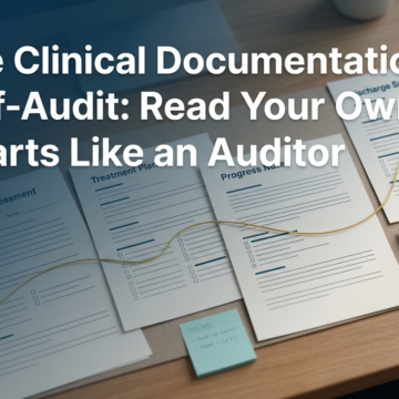 Magnifying glass enlarging a progress note during a clinical documentation audit