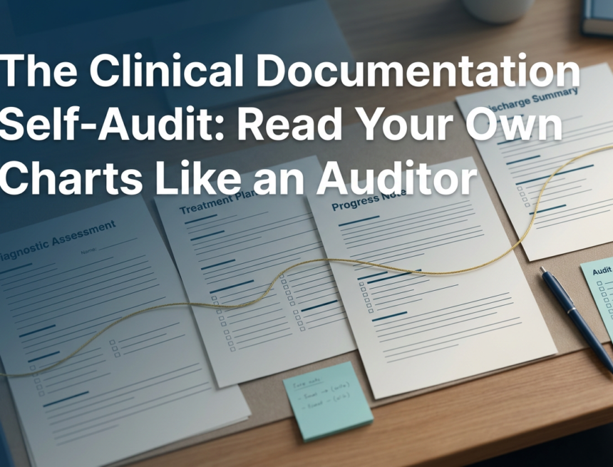 Magnifying glass enlarging a progress note during a clinical documentation audit
