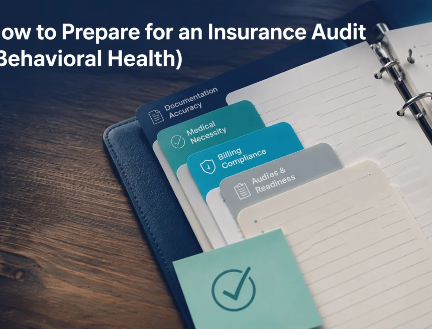 Color-coded tabbed clinical binder open on a desk, representing how to prepare for a behavioral health insurance audit.