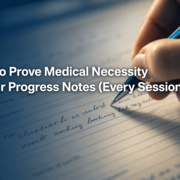 A therapist's hand writing a progress note to prove medical necessity, pen on paper, close-up editorial style.