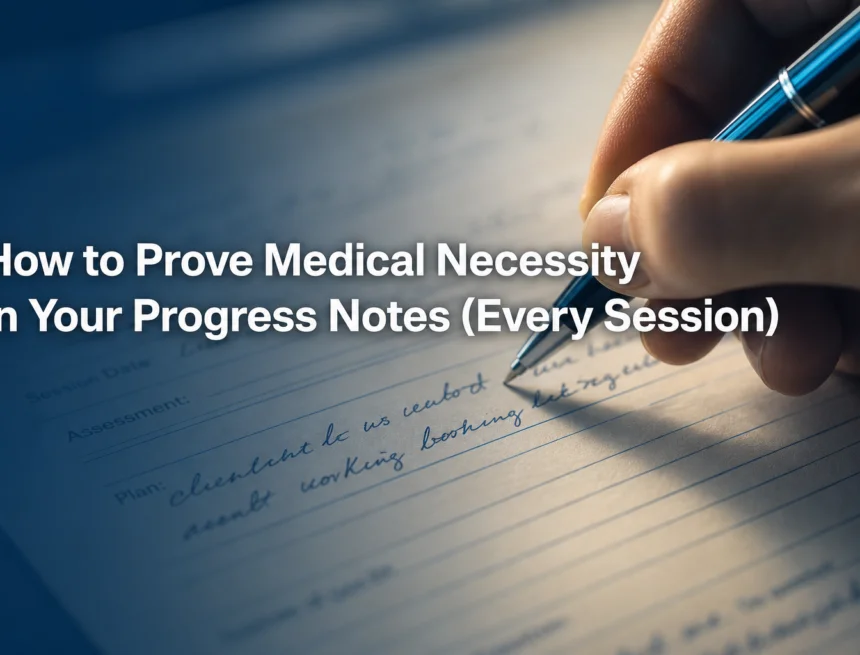 A therapist's hand writing a progress note to prove medical necessity, pen on paper, close-up editorial style.
