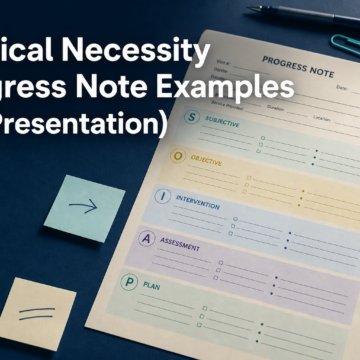 Annotated SOAP progress note with highlighter and sticky notes marking medical necessity criteria by section, on a navy desk surface.