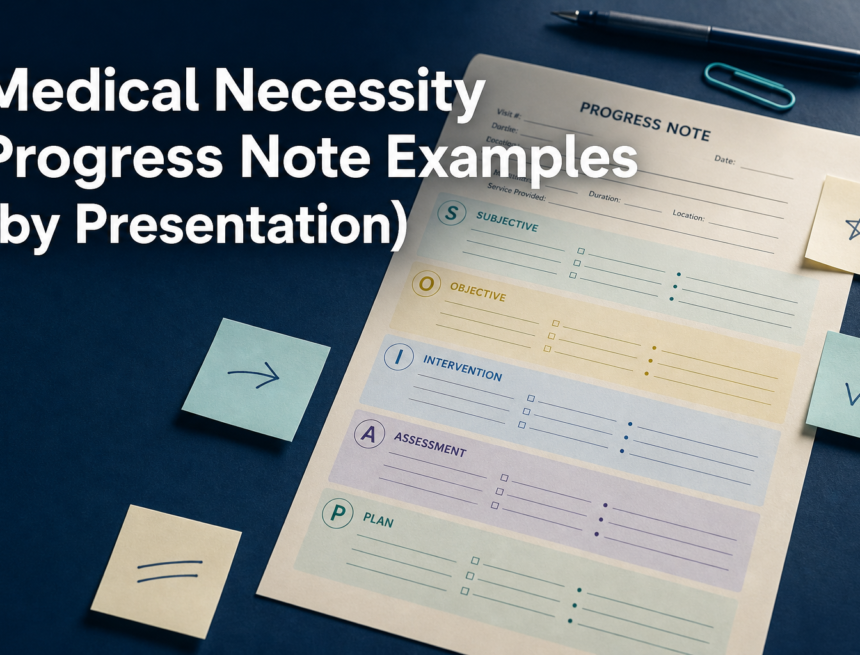 Annotated SOAP progress note with highlighter and sticky notes marking medical necessity criteria by section, on a navy desk surface.