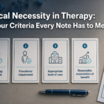 Overhead flat-lay of four labeled cards representing the four criteria of medical necessity in therapy on a clean desk with a progress note at the edge