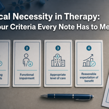 Overhead flat-lay of four labeled cards representing the four criteria of medical necessity in therapy on a clean desk with a progress note at the edge