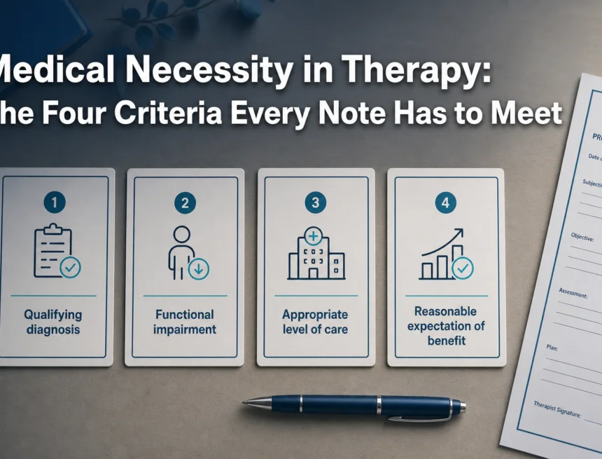 Overhead flat-lay of four labeled cards representing the four criteria of medical necessity in therapy on a clean desk with a progress note at the edge