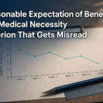 A clipboard line graph showing a symptom score easing over several weeks, illustrating the reasonable expectation of benefit medical necessity criterion