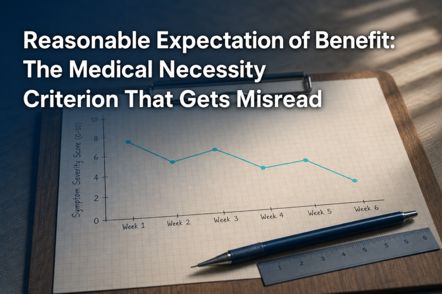 A clipboard line graph showing a symptom score easing over several weeks, illustrating the reasonable expectation of benefit medical necessity criterion