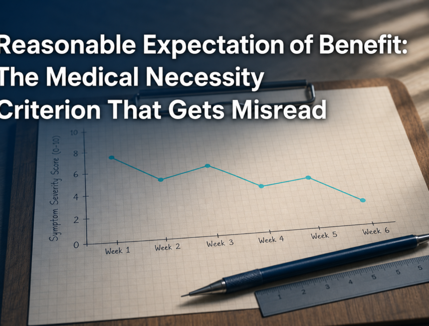 A clipboard line graph showing a symptom score easing over several weeks, illustrating the reasonable expectation of benefit medical necessity criterion